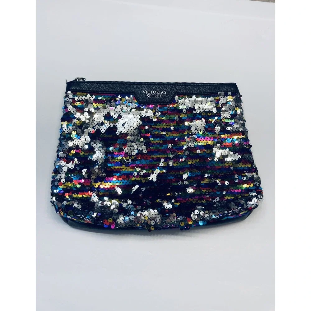 Victoria's‎ Secret Makeup Bag Womens Multi Color Sequin Zip Clutch Pouch Glam